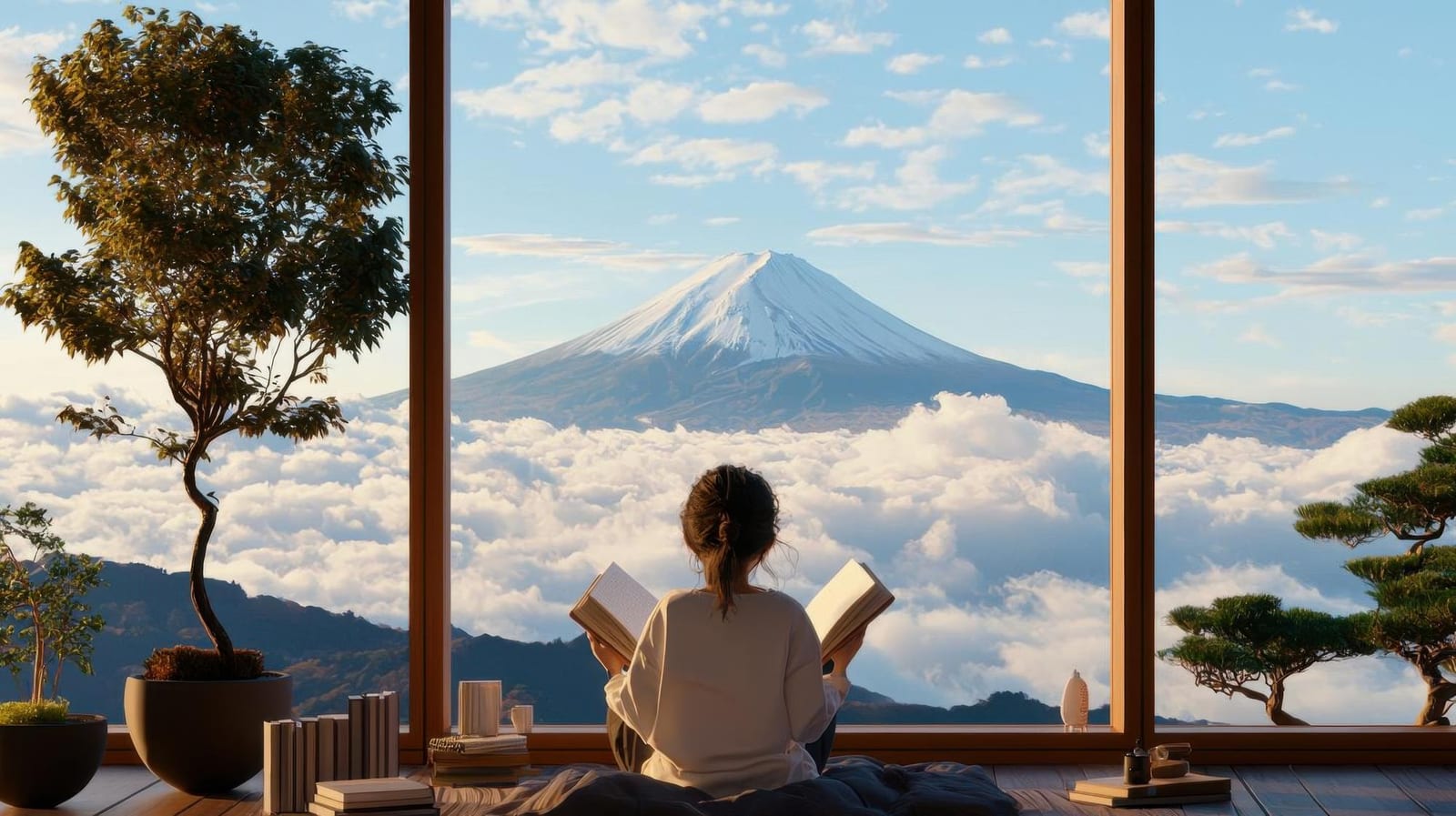 Pessoa lendo dois livros em uma varanda com vista para as montanhas ao entardecer